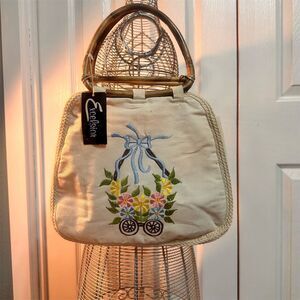 Vintage Floral Embroidered Handbag Bamboo Handles Multicolor One Size